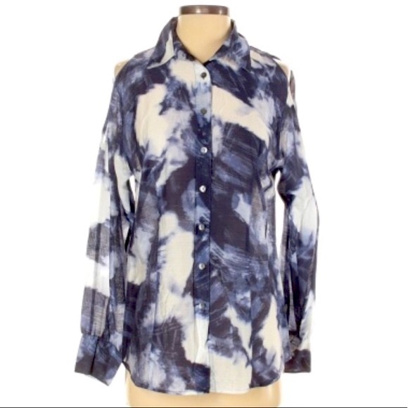 W by Worth sz P (XS/S) top blue & white tie dye long sleeve cold shoulder blouse - Picture 1 of 16